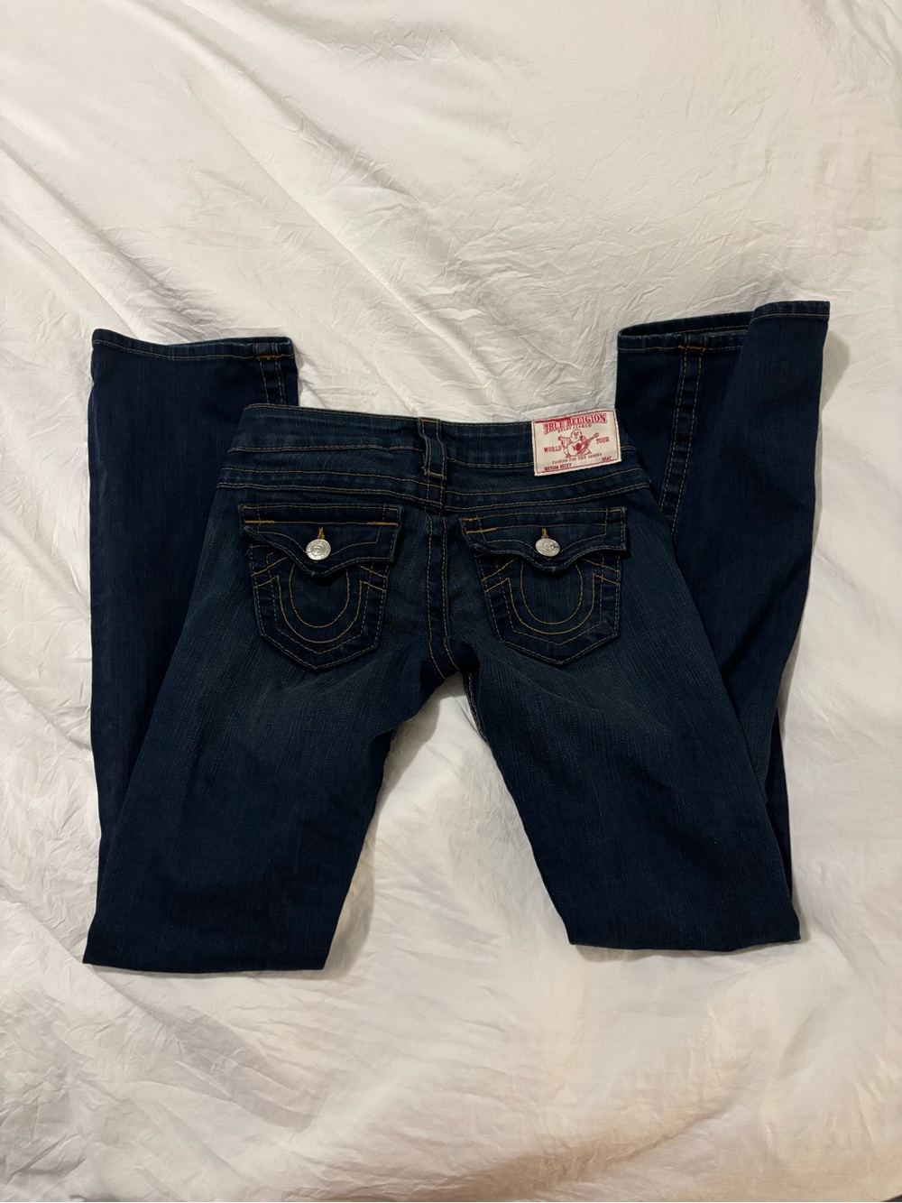 True Religion Dark Blue Boot Cut Jeans with Signature Back Pockets